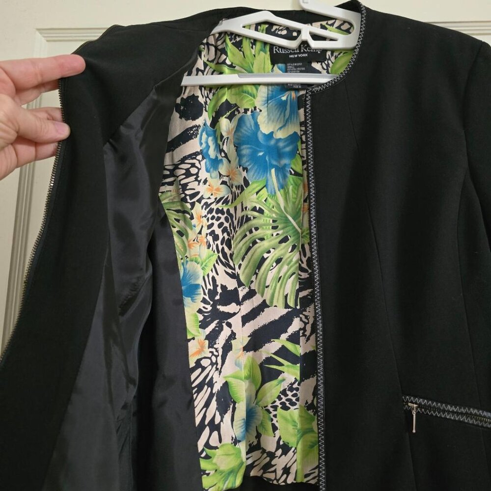10 Women’s Russell Kemp Black w Green Tropical Floral Print Lined Jacket Blazer‎